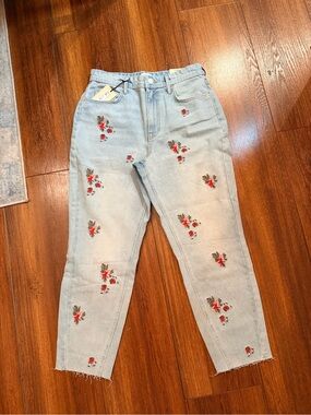 River Island Light Blue Denim high rise mom Jeans with Red Floral Embroidery